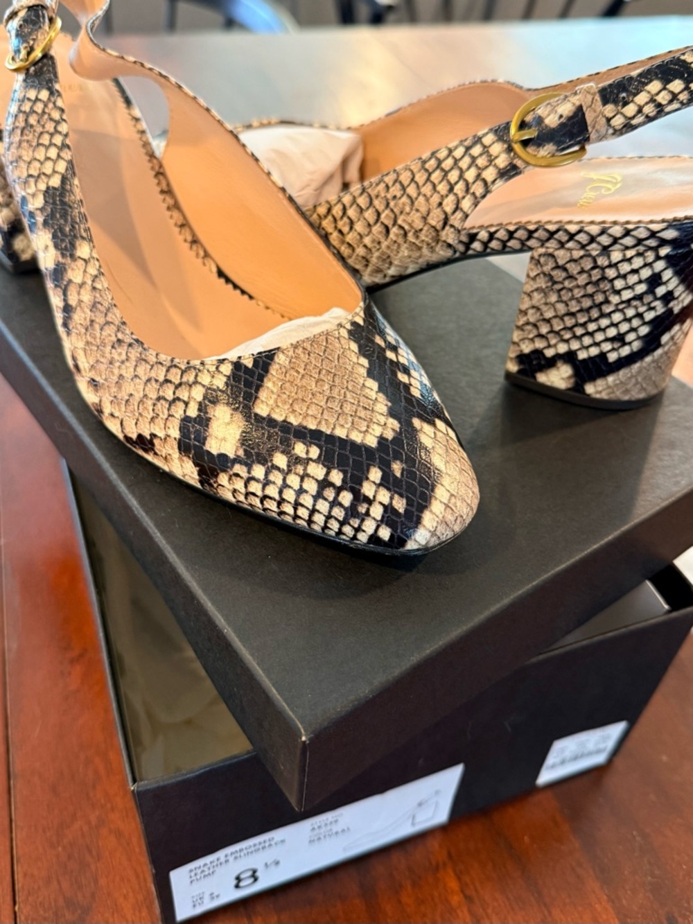 J. Crew Snake-Print Slingback Block Heel Pumps in Beige and Black